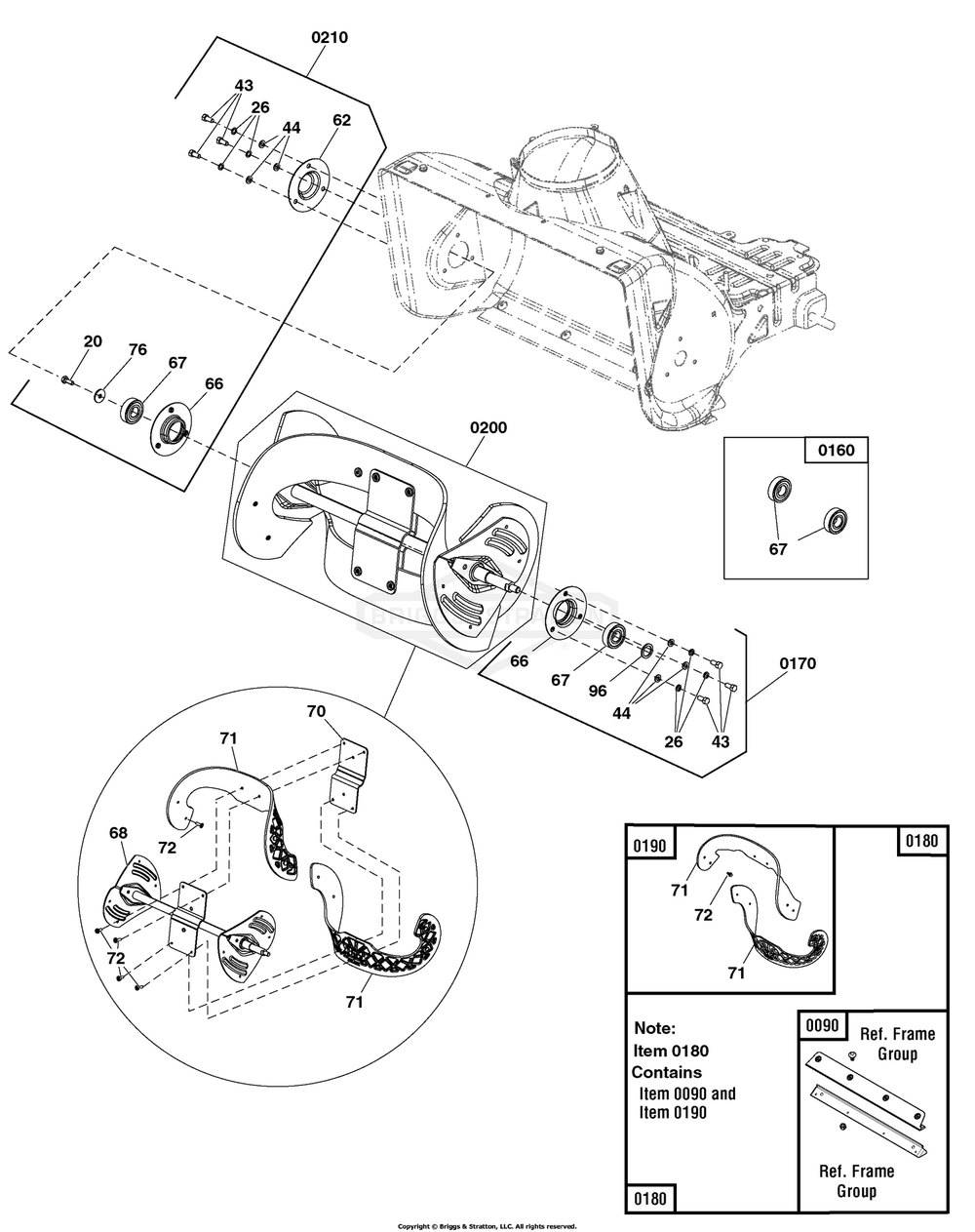 Auger Group Diagram and Parts List for 1696851-02  Briggs and Stratton Snow Blower